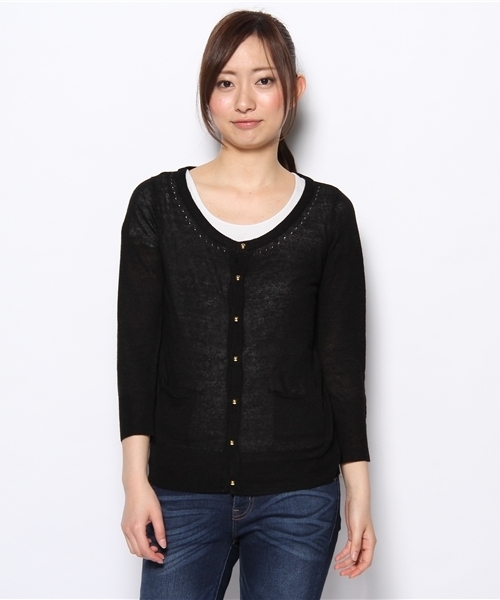 ROPE' PICNIC(ロペピクニック)の「リネン混天竺×アイレットポケット付カーディガン(カーディガン/ボレロ・レディース・ブルー系/グリーン/サンドベージュ/ダークブラック/ベージュ/ブラック・38)」の7枚目の写真