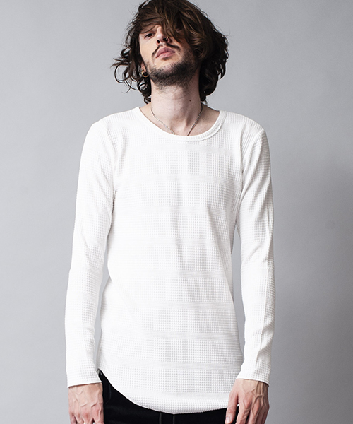 NO ID.(ノーアイディ)の「mlt2265-CトランスファーボーダーC-NロンT(Tシャツ/カットソー・メンズ・アッシュグレー/アイボリー/カーキ/ブラック・1/2)」の2枚目の写真