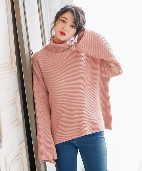 KOBE LETTUCE（コウベレタス）の「ワイドスリーブドロップショルダーハイネックリブニットトップス＊レディース/セーター[C3593]神戸レタス（ニット/セーター・レディース・ブラック/カーキ/ピンク/アイボリー・FREE）」の8枚目の写真