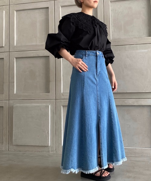 moment+（モーメントプラス）の「カラーT/Cツイル フレアロングスカート（スカート・レディース・ブラック/ブラウン/オフホワイト/カーキ/サックスブルー/インディゴブルー/アイボリー/グレイッシュベージュ/ブルー/オレンジ/グリーン/レッド・M/L）」の15枚目の写真