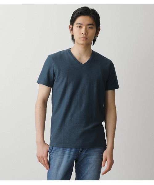 AZUL by moussy（アズールバイマウジー）の「MELANGE TACK BORDER V/N TOPS/メランジタックボーダーVネックトップス（Tシャツ/カットソー・メンズ・ネイビー系1/ブラック/ホワイト/杢グレー/ライトカーキ/ライトピンク・X-LARGE/LARGE/SMALL/MEDIUM）」の6枚目の写真