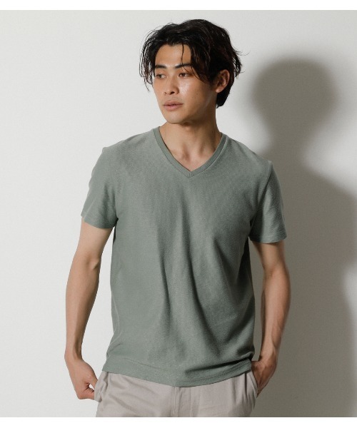 AZUL by moussy（アズールバイマウジー）の「MELANGE TACK BORDER V/N TOPS/メランジタックボーダーVネックトップス（Tシャツ/カットソー・メンズ・ネイビー系1/ブラック/ホワイト/杢グレー/ライトカーキ/ライトピンク・X-LARGE/LARGE/SMALL/MEDIUM）」の5枚目の写真