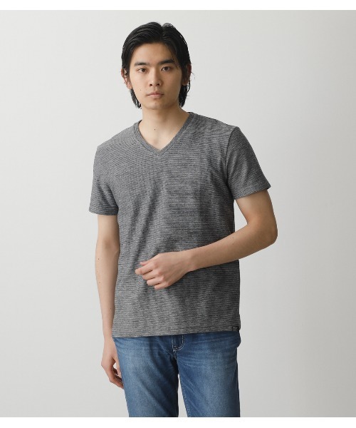 AZUL by moussy（アズールバイマウジー）の「MELANGE TACK BORDER V/N TOPS/メランジタックボーダーVネックトップス（Tシャツ/カットソー・メンズ・ネイビー系1/ブラック/ホワイト/杢グレー/ライトカーキ/ライトピンク・X-LARGE/LARGE/SMALL/MEDIUM）」の4枚目の写真