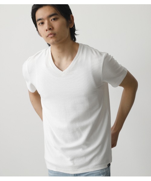 AZUL by moussy（アズールバイマウジー）の「MELANGE TACK BORDER V/N TOPS/メランジタックボーダーVネックトップス（Tシャツ/カットソー・メンズ・ネイビー系1/ブラック/ホワイト/杢グレー/ライトカーキ/ライトピンク・X-LARGE/LARGE/SMALL/MEDIUM）」の2枚目の写真