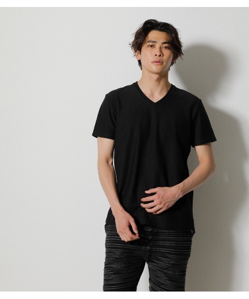 AZUL by moussy（アズールバイマウジー）の「MELANGE TACK BORDER V/N TOPS/メランジタックボーダーVネックトップス（Tシャツ/カットソー・メンズ・ネイビー系1/ブラック/ホワイト/杢グレー/ライトカーキ/ライトピンク・X-LARGE/LARGE/SMALL/MEDIUM）」の3枚目の写真