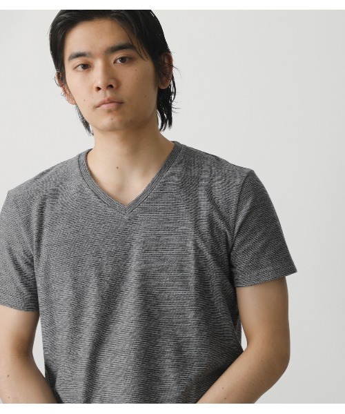 AZUL by moussy（アズールバイマウジー）の「MELANGE TACK BORDER V/N TOPS/メランジタックボーダーVネックトップス（Tシャツ/カットソー・メンズ・ネイビー系1/ブラック/ホワイト/杢グレー/ライトカーキ/ライトピンク・X-LARGE/LARGE/SMALL/MEDIUM）」の13枚目の写真