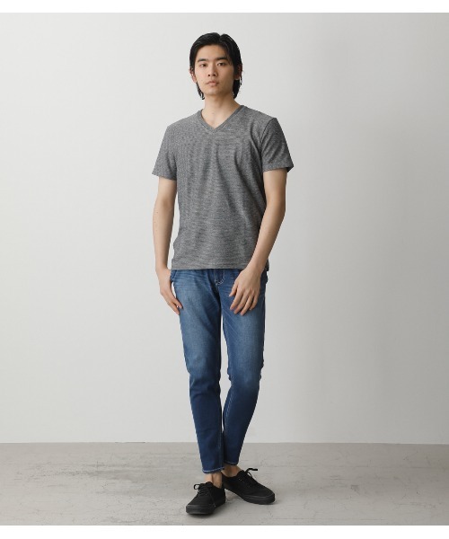 AZUL by moussy（アズールバイマウジー）の「MELANGE TACK BORDER V/N TOPS/メランジタックボーダーVネックトップス（Tシャツ/カットソー・メンズ・ネイビー系1/ブラック/ホワイト/杢グレー/ライトカーキ/ライトピンク・X-LARGE/LARGE/SMALL/MEDIUM）」の14枚目の写真