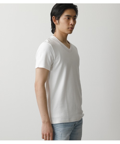 AZUL by moussy（アズールバイマウジー）の「MELANGE TACK BORDER V/N TOPS/メランジタックボーダーVネックトップス（Tシャツ/カットソー・メンズ・ネイビー系1/ブラック/ホワイト/杢グレー/ライトカーキ/ライトピンク・X-LARGE/LARGE/SMALL/MEDIUM）」の21枚目の写真