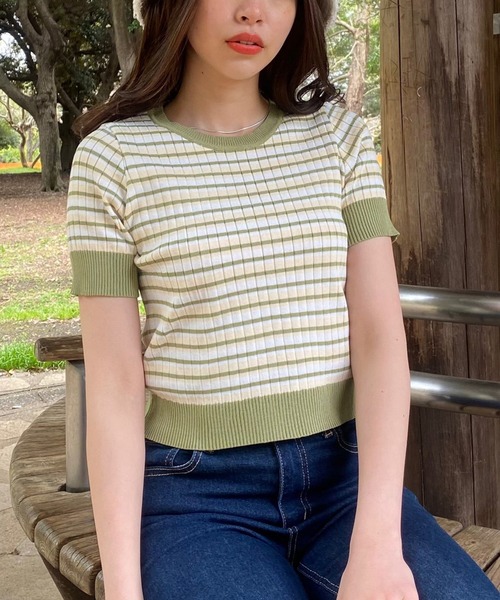 WEGO（ウィゴー）の「WEGO/マルチボーダー半袖トップス（Tシャツ/カットソー・レディース・ブラック/イエロー/グリーン・FREE）」の3枚目の写真