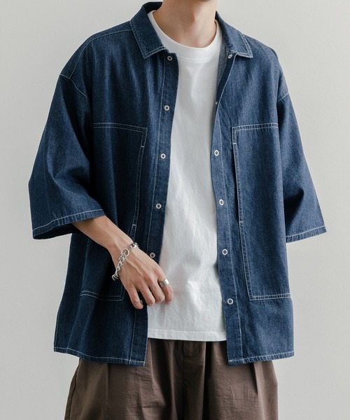 epnok(エプノック)の「サイドスリットデニムステッチシャツ(シャツ/ブラウス・メンズ・チャコールグレー/インディゴブルー・SMALL/MEDIUM/LARGE)」の1枚目の写真