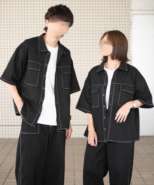 PairPair（ペアペア）の「配色ステッチシャツ/セットアップ対応(ユニセックス)（セットアップ・メンズ・ブラック/チャコールグレー/グリーン・MEDIUM/LARGE）」の5枚目の写真