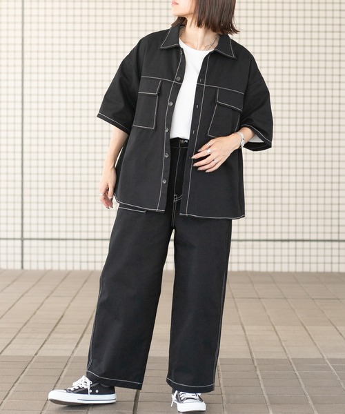 PairPair（ペアペア）の「配色ステッチシャツ/セットアップ対応(ユニセックス)（セットアップ・メンズ・ブラック/チャコールグレー/グリーン・MEDIUM/LARGE）」の6枚目の写真