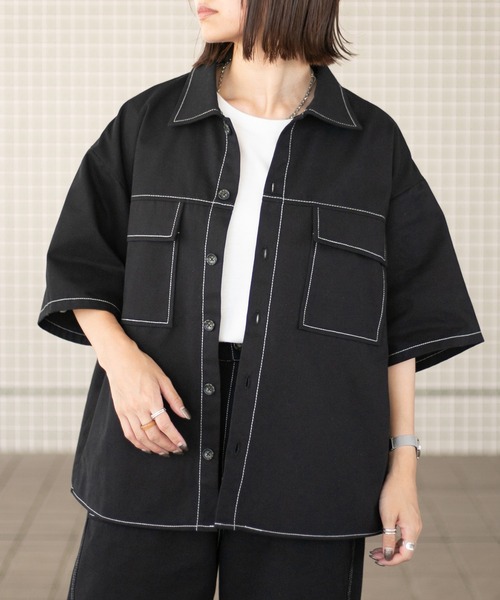 PairPair（ペアペア）の「配色ステッチシャツ/セットアップ対応(ユニセックス)（セットアップ・メンズ・ブラック/チャコールグレー/グリーン・MEDIUM/LARGE）」の7枚目の写真