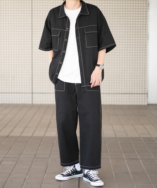 PairPair（ペアペア）の「配色ステッチシャツ/セットアップ対応(ユニセックス)（セットアップ・メンズ・ブラック/チャコールグレー/グリーン・MEDIUM/LARGE）」の10枚目の写真