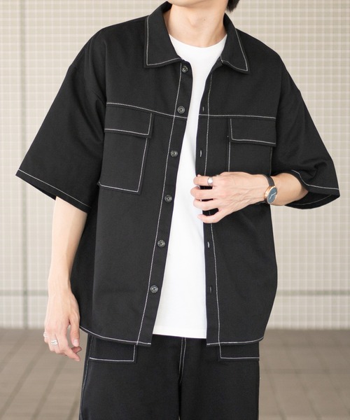 PairPair（ペアペア）の「配色ステッチシャツ/セットアップ対応(ユニセックス)（セットアップ・メンズ・ブラック/チャコールグレー/グリーン・MEDIUM/LARGE）」の11枚目の写真