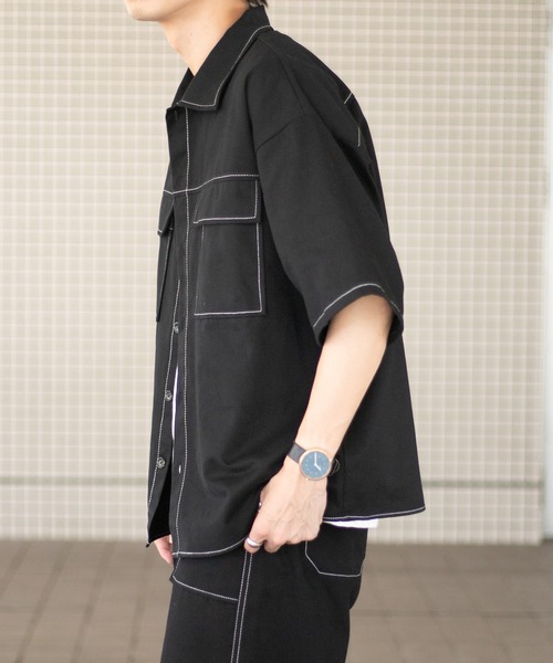 PairPair（ペアペア）の「配色ステッチシャツ/セットアップ対応(ユニセックス)（セットアップ・メンズ・ブラック/チャコールグレー/グリーン・MEDIUM/LARGE）」の12枚目の写真