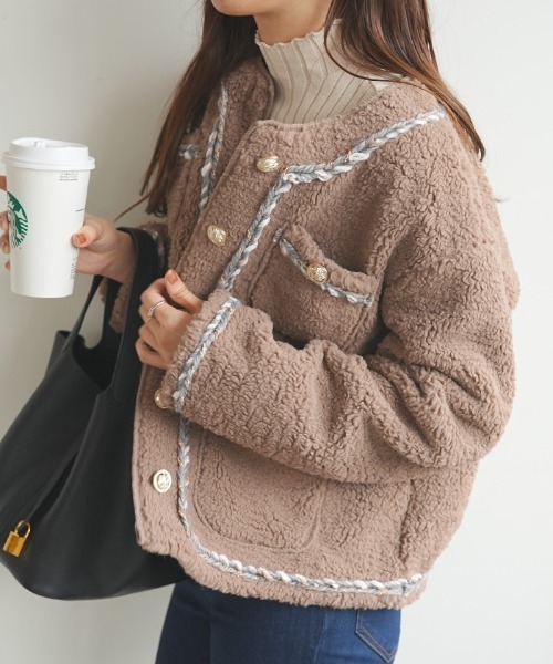 Futier land（フューティアランド）の「パイピングボアジャケット（ノーカラージャケット・レディース・アイボリー/ブラック/モカ・FREE）」の16枚目の写真