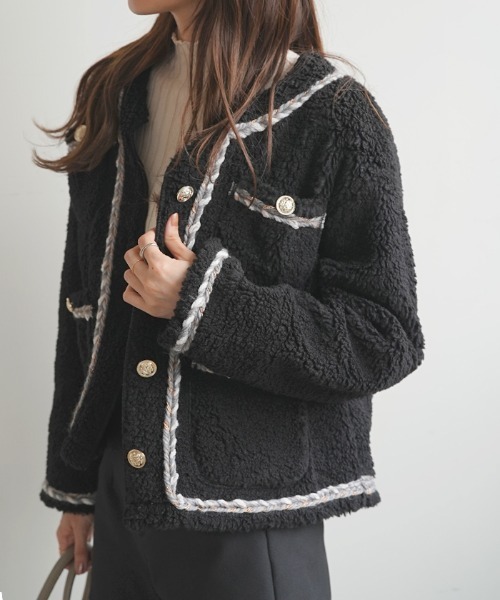 Futier land（フューティアランド）の「パイピングボアジャケット（ノーカラージャケット・レディース・アイボリー/ブラック/モカ・FREE）」の14枚目の写真