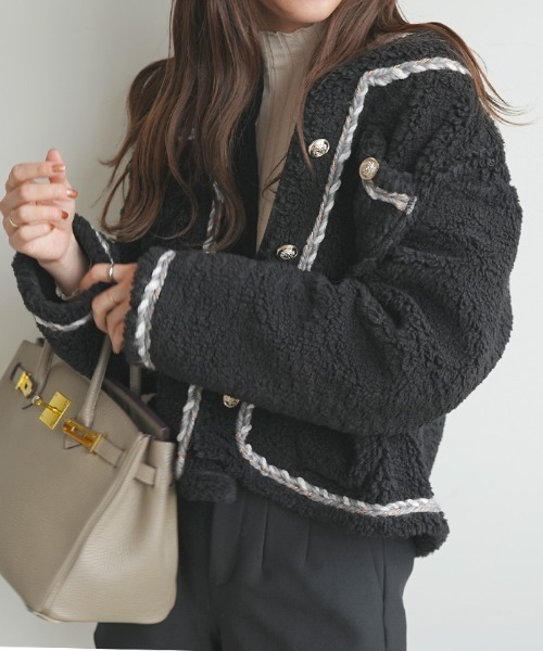 Futier land（フューティアランド）の「パイピングボアジャケット（ノーカラージャケット・レディース・アイボリー/ブラック/モカ・FREE）」の20枚目の写真