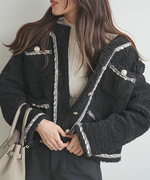 Futier land（フューティアランド）の「パイピングボアジャケット（ノーカラージャケット・レディース・アイボリー/ブラック/モカ・FREE）」の8枚目の写真