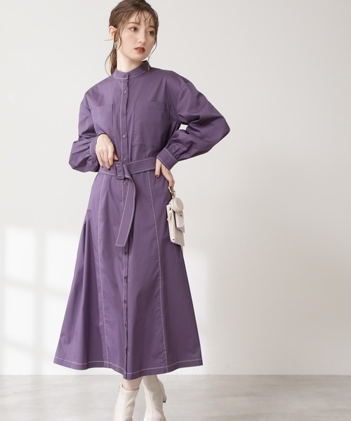 N.（N. Natural Beauty Basic）（エヌエヌナチュラルビューティーベーシック）の「デザインステッチバンドカラーワンピース（ワンピース・レディース・パープル/ブラック/グリーン・MEDIUM）」の3枚目の写真