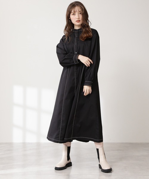 N.（N. Natural Beauty Basic）（エヌエヌナチュラルビューティーベーシック）の「デザインステッチバンドカラーワンピース（ワンピース・レディース・パープル/ブラック/グリーン・MEDIUM）」の6枚目の写真