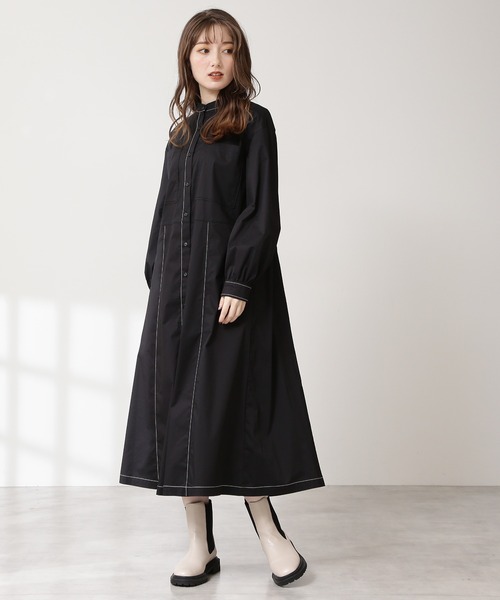 N.（N. Natural Beauty Basic）（エヌエヌナチュラルビューティーベーシック）の「デザインステッチバンドカラーワンピース（ワンピース・レディース・パープル/ブラック/グリーン・MEDIUM）」の7枚目の写真