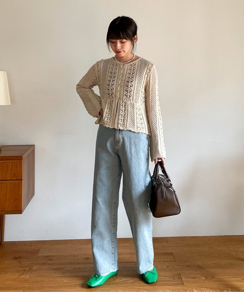 未使用級✨kayme ケイミー ラベンダー 金沢産ペプラムニットカーディガン M EPIMI E'PIMMY（エピミエピミー）の「透かし編みペプラムニット