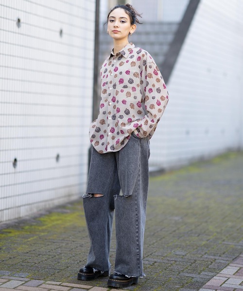 X-girl（エックスガール）の「APPLE GIRL SHEER SHIRT（シャツ/ブラウス・レディース・ブラック/ベージュ/ライトブルー・S/M）」の10枚目の写真