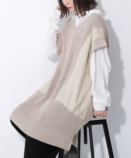 osharewalker（オシャレウォーカー）の「【廃盤】『異素材ロングニットベスト』（ベスト・レディース・グレイッシュベージュ/ブラック・FREE）」の2枚目の写真