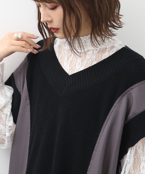 HERRINGBONE LONG ニットベスト カーキ色　オリーブ色 HERRINGBONE LONG ニットベスト カーキ色オリーブ色