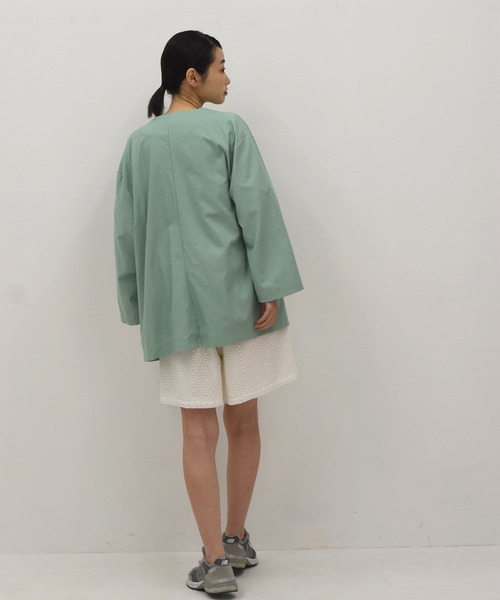 Alley by w closet（アリーバイダブルクローゼット）の「【SETUP対応】【Alley】綿麻ノーカラージャケット（ノーカラージャケット・レディース・ブルー/モカ/キナリ・FREE）」の14枚目の写真