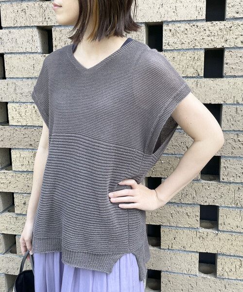 セール】ストライプ ホールガーメント 和紙 ニットTシャツ