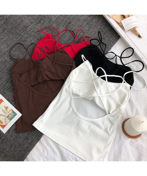 全国即完売✨ 45R❣️レインボーチャメレイオンベタッチプリントのMキャミ パット付き】Wクロス バックオープン キャミソール ブラトップ