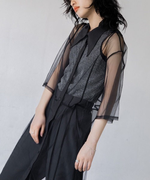 VACANCY(ヴァカンシー)の「バリモワ襟ハーフスリーブチュールワンピース(ワンピース・レディース・ブルー/グレー/ブラック・FREE)」の5枚目の写真