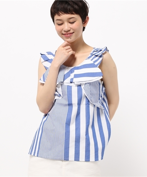 DISCOAT(ディスコート)の「【Discoat】ランダムストライプノースリブラウス(シャツ/ブラウス・レディース・ブルー/スミクロ・LARGE/MEDIUM)」の3枚目の写真