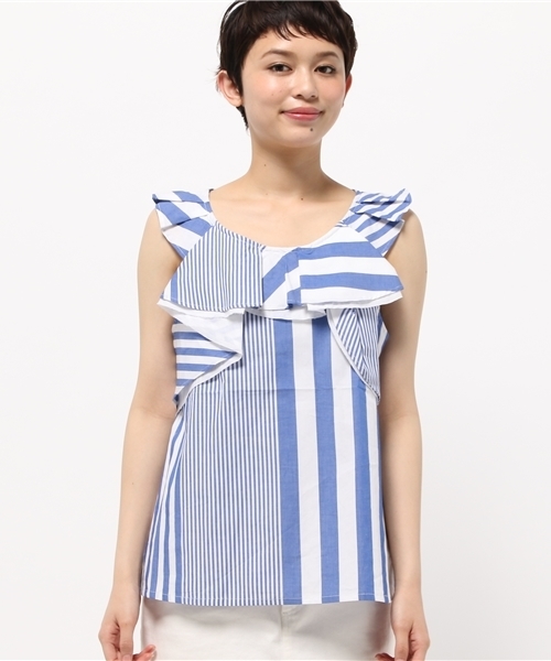 DISCOAT(ディスコート)の「【Discoat】ランダムストライプノースリブラウス(シャツ/ブラウス・レディース・ブルー/スミクロ・LARGE/MEDIUM)」の4枚目の写真