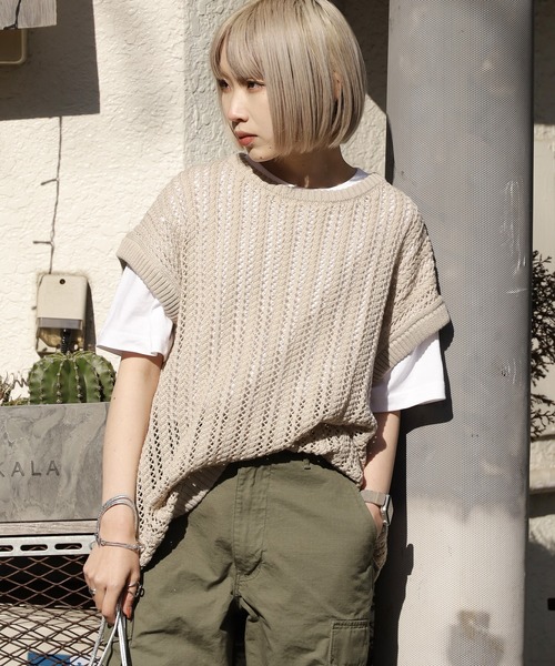 ROOPTOKYO（ループトウキョウ）の「透かし編みベスト オーバーサイズ ニットベスト メッシュニット（ベスト・メンズ・グリーン/ブラック/ベージュ・L/M）」の20枚目の写真