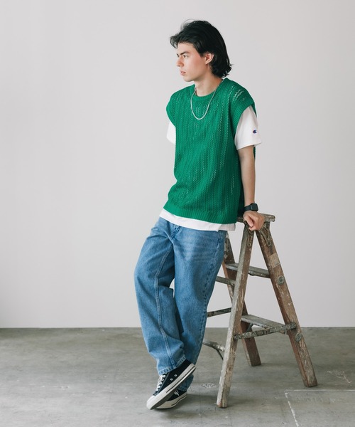 ROOPTOKYO（ループトウキョウ）の「透かし編みベスト オーバーサイズ ニットベスト メッシュニット（ベスト・メンズ・グリーン/ブラック/ベージュ・L/M）」の21枚目の写真