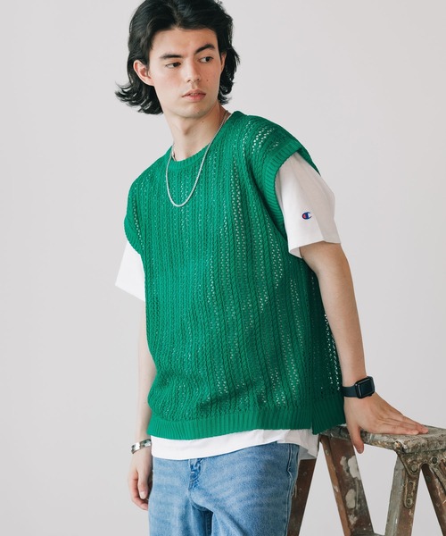 ROOPTOKYO（ループトウキョウ）の「透かし編みベスト オーバーサイズ ニットベスト メッシュニット（ベスト・メンズ・グリーン/ブラック/ベージュ・L/M）」の22枚目の写真