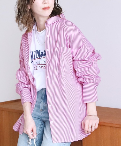reca(レカ)の「【ZOZOTOWN限定】先染めストライプビックシャツ(シャツ/ブラウス・レディース・ピンク/ネイビー/グリーン・FREE)」の3枚目の写真