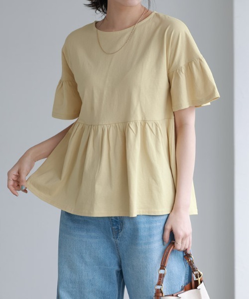 Pierrot（ピエロ）の「綿100％ ギャザーフリルスリーブTシャツ（Tシャツ/カットソー・レディース・ブラック/ライトグレー/ネイビー/オフホワイト/ブルー系その他/パープル系その他/グレイッシュベージュ/チャコール/ブラウン/オリーブ/ミント/イエロー系その他・M/L）」の12枚目の写真