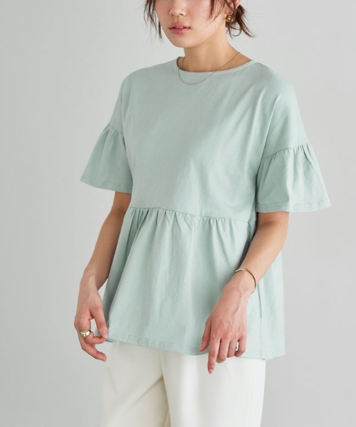 Pierrot（ピエロ）の「綿100％ ギャザーフリルスリーブTシャツ（Tシャツ/カットソー・レディース・ブラック/ライトグレー/ネイビー/オフホワイト/ブルー系その他/パープル系その他/グレイッシュベージュ/チャコール/ブラウン/オリーブ/ミント/イエロー系その他・M/L）」の8枚目の写真