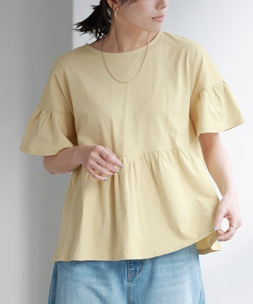 Pierrot（ピエロ）の「綿100％ ギャザーフリルスリーブTシャツ（Tシャツ/カットソー・レディース・ブラック/ライトグレー/ネイビー/オフホワイト/ブルー系その他/パープル系その他/グレイッシュベージュ/チャコール/ブラウン/オリーブ/ミント/イエロー系その他・M/L）」の13枚目の写真