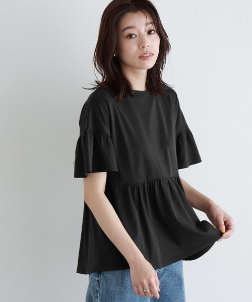 Pierrot（ピエロ）の「綿100％ ギャザーフリルスリーブTシャツ（Tシャツ/カットソー・レディース・ブラック/ライトグレー/ネイビー/オフホワイト/ブルー系その他/パープル系その他/グレイッシュベージュ/チャコール/ブラウン/オリーブ/ミント/イエロー系その他・M/L）」の20枚目の写真