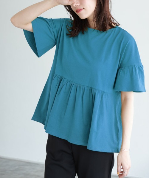 Pierrot（ピエロ）の「綿100％ ギャザーフリルスリーブTシャツ（Tシャツ/カットソー・レディース・ブラック/ライトグレー/ネイビー/オフホワイト/ブルー系その他/パープル系その他/グレイッシュベージュ/チャコール/ブラウン/オリーブ/ミント/イエロー系その他・M/L）」の18枚目の写真