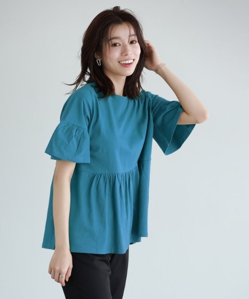 Pierrot（ピエロ）の「綿100％ ギャザーフリルスリーブTシャツ（Tシャツ/カットソー・レディース・ブラック/ライトグレー/ネイビー/オフホワイト/ブルー系その他/パープル系その他/グレイッシュベージュ/チャコール/ブラウン/オリーブ/ミント/イエロー系その他・M/L）」の17枚目の写真