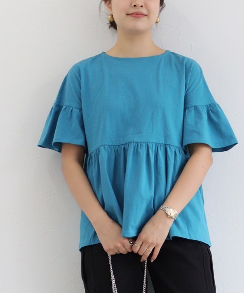 Pierrot（ピエロ）の「綿100％ ギャザーフリルスリーブTシャツ（Tシャツ/カットソー・レディース・ブラック/ライトグレー/ネイビー/オフホワイト/ブルー系その他/パープル系その他/グレイッシュベージュ/チャコール/ブラウン/オリーブ/ミント/イエロー系その他・M/L）」の15枚目の写真