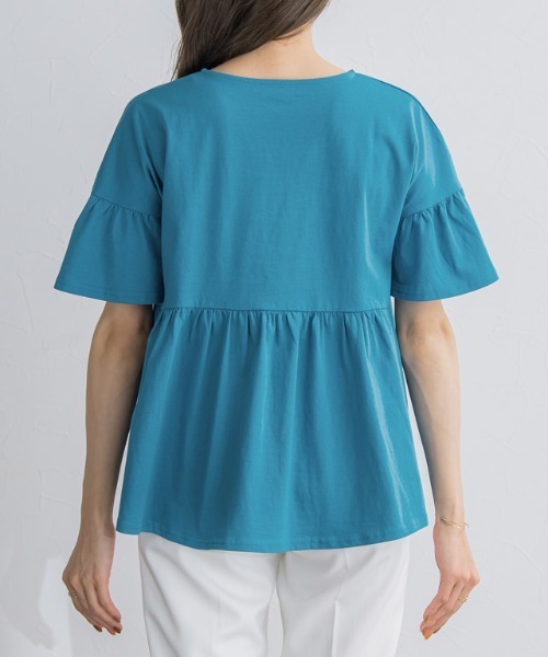 Pierrot（ピエロ）の「綿100％ ギャザーフリルスリーブTシャツ（Tシャツ/カットソー・レディース・ブラック/ライトグレー/ネイビー/オフホワイト/ブルー系その他/パープル系その他/グレイッシュベージュ/チャコール/ブラウン/オリーブ/ミント/イエロー系その他・M/L）」の16枚目の写真