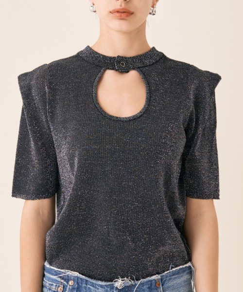 Solace（ソレイス）の「ハーフスリーブラメニット（ニット/セーター・レディース・ブラック/ベージュ・FREE）」の3枚目の写真